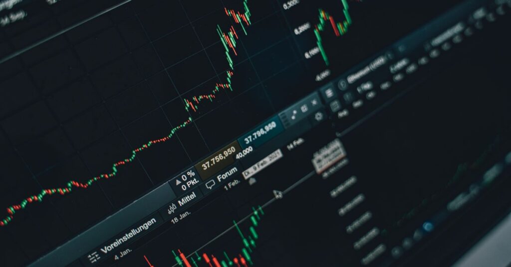 Close-up of a candlestick chart with the RSI oscillator crossing the 50 midline to signal a momentum shift