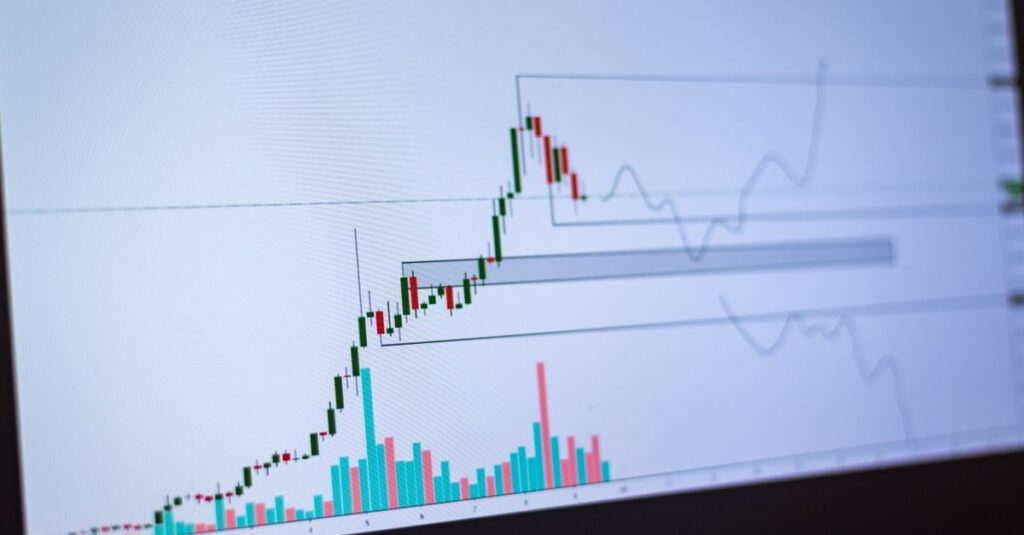Close-up of a Forex candlestick chart on a MetaTrader screen showing trend and momentum indicators