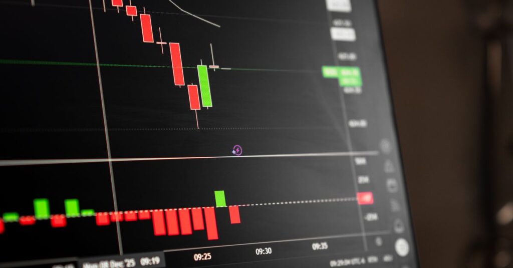 Candlestick chart showing how a Chandelier Exit indicator trails price using ATR volatility on MetaTrader