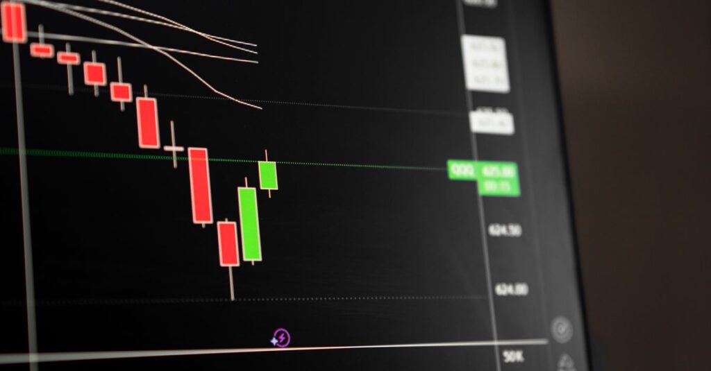 Candlestick chart on a trading screen showing a three bar reversal pattern sequence