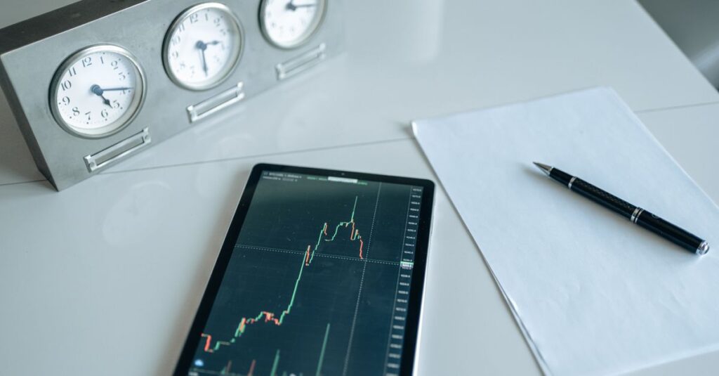 Trading desk with world clocks showing forex session hours